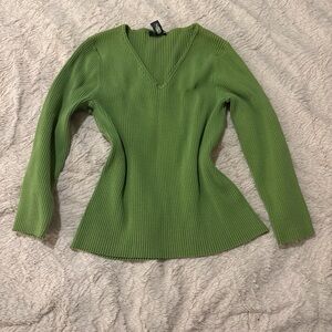 Green Ribbed V-Neck Sweater